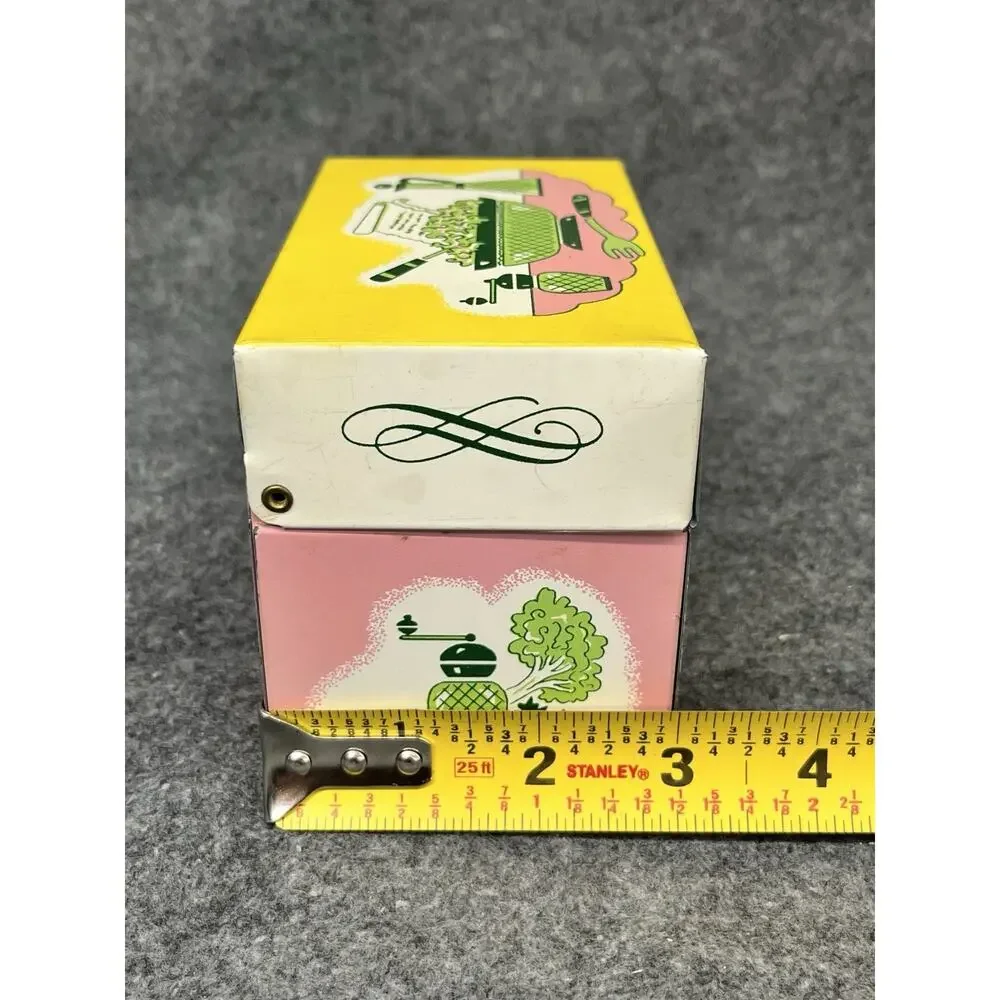Vintage 1950s Ohio Art Metal Recipe Box Tin Litho Pink Yellow Retro Mid Century
